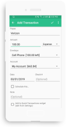 Android phone showing list of categories in home budget app